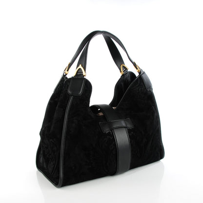 Gucci Soft Leather Brocade Medium Stirrup Shoulder Bag Black 2 of 7