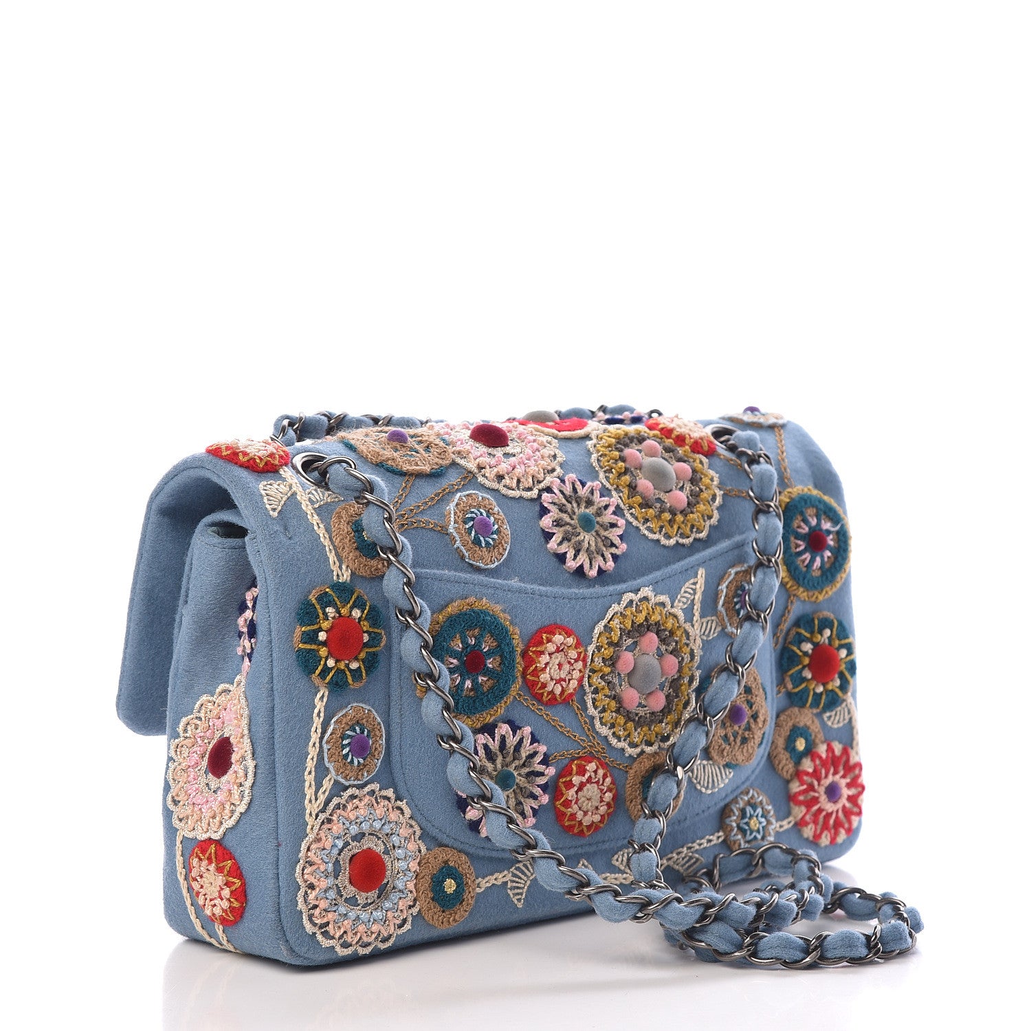 Chanel Felt Flower Embroidered Medium Double Flap Blue Multicolor 3 of 12