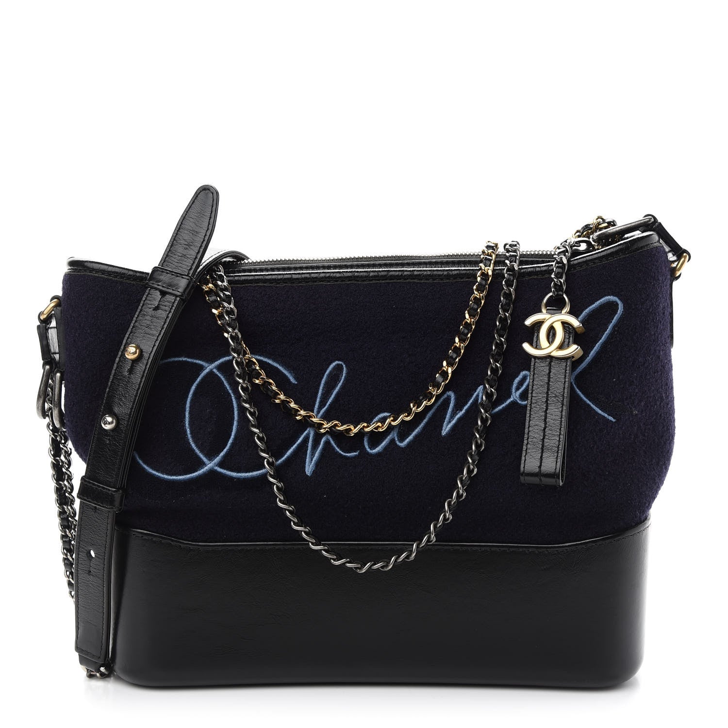 Chanel Wool Embroidered Medium Gabrielle Hobo Dark Navy Blue 1 of 9