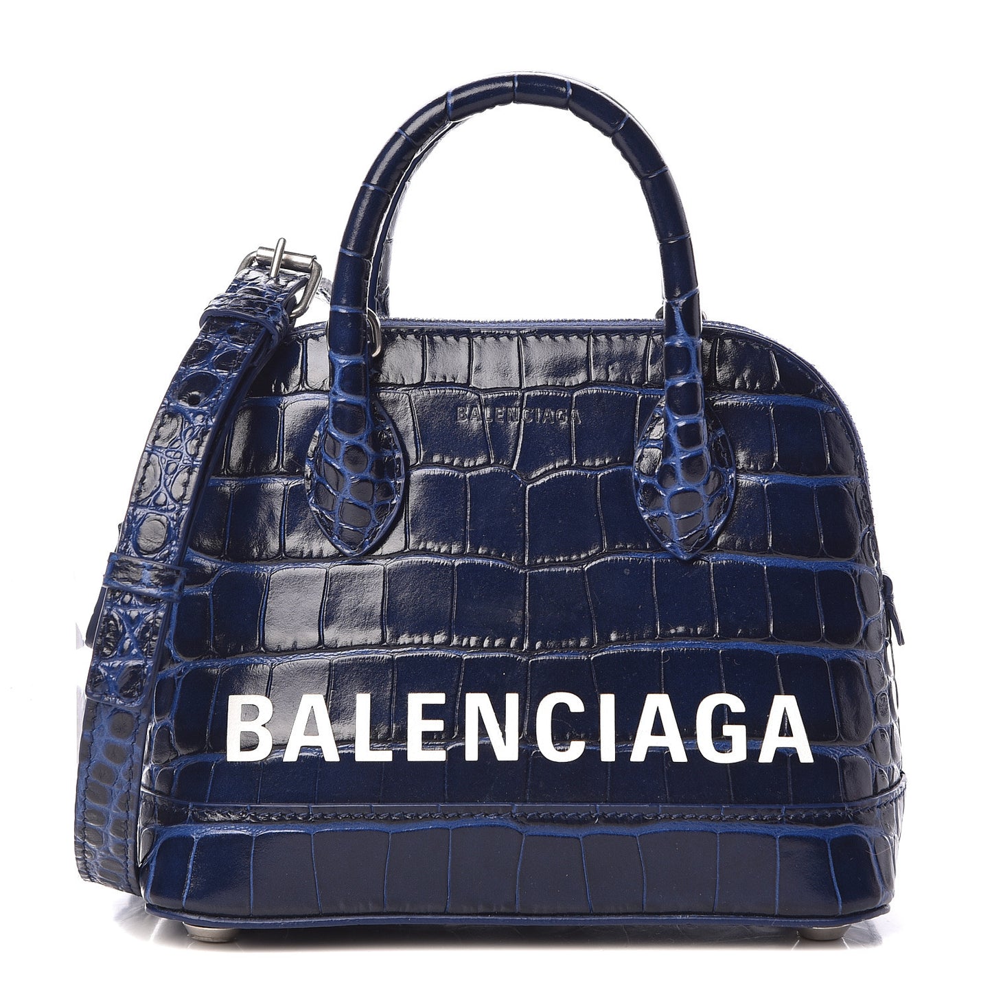 Shiny Calfskin Logo Crocodile Embossed XXS Ville Top Handle Bag Navy White