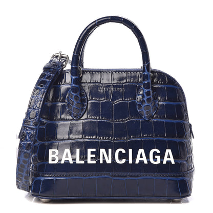 Balenciaga Shiny Calfskin Logo Crocodile Embossed XXS Ville Top Handle Bag Navy White 1 of 11