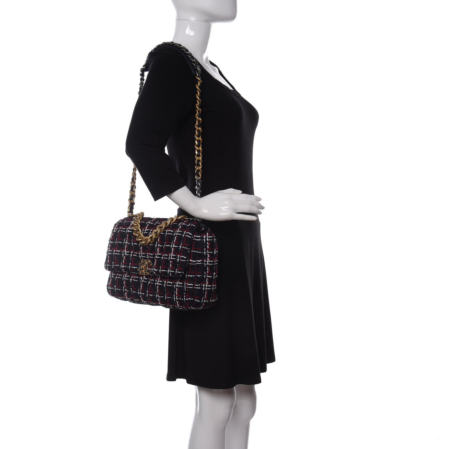 Chanel Tweed Quilted Large Chanel 19 Flap Navy Blue White Red 2 of 10