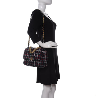 Chanel Tweed Quilted Large Chanel 19 Flap Navy Blue White Red 2 of 10