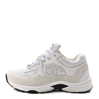 Chanel Painted Iridescent Cotton Tweed Suede Calfskin Womens CC Sneakers 38 White Silver Multicolor 1 of 11