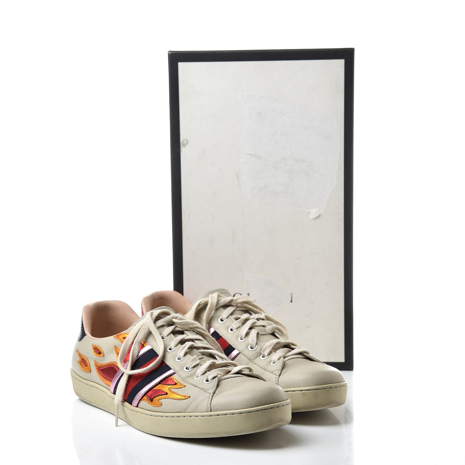 Gucci Calfskin Ayers Web Flames Embroidered Mens Ace Sneakers 10 Off White 23 of 23