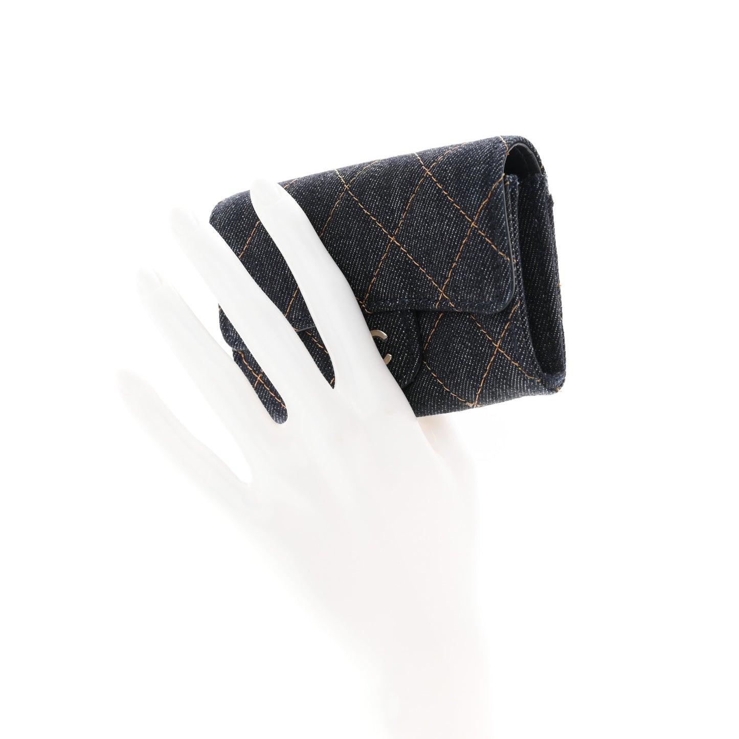 Denim Quilted Flap Card Holder Wallet Dark Blue Orange