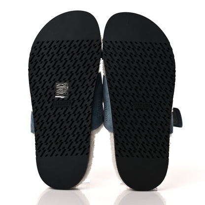 Hermes Suede Goatskin Woolskin Womens Chypre Sandals 39 Bleu Pinede Ecru 5 of 8