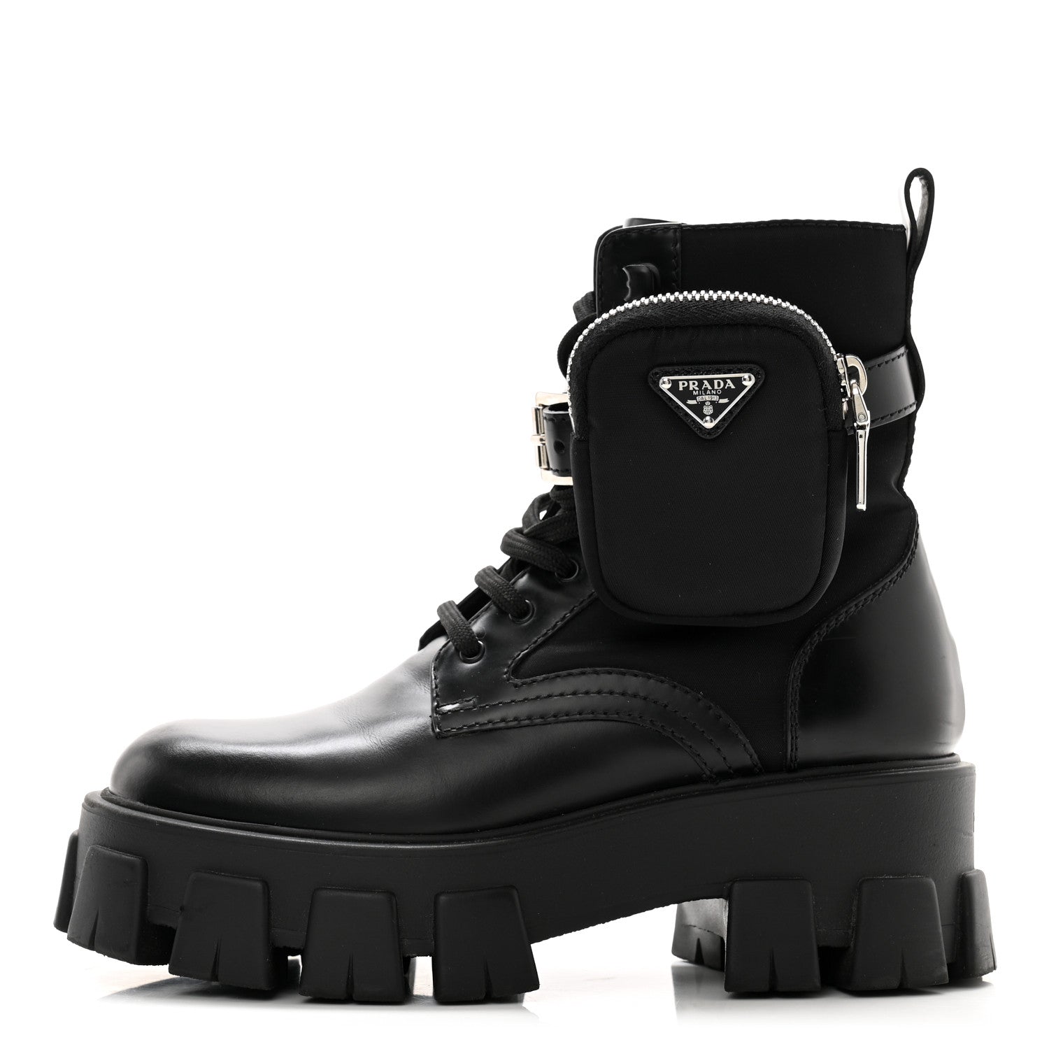 Prada Spazzolato Rois Re-Nylon Metal Triangle Logo Monolith Pouch Pocket 55mm Boots 35.5 Black 1 of 11