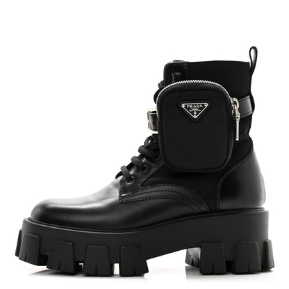 Prada Spazzolato Rois Re-Nylon Metal Triangle Logo Monolith Pouch Pocket 55mm Boots 35.5 Black 1 of 11