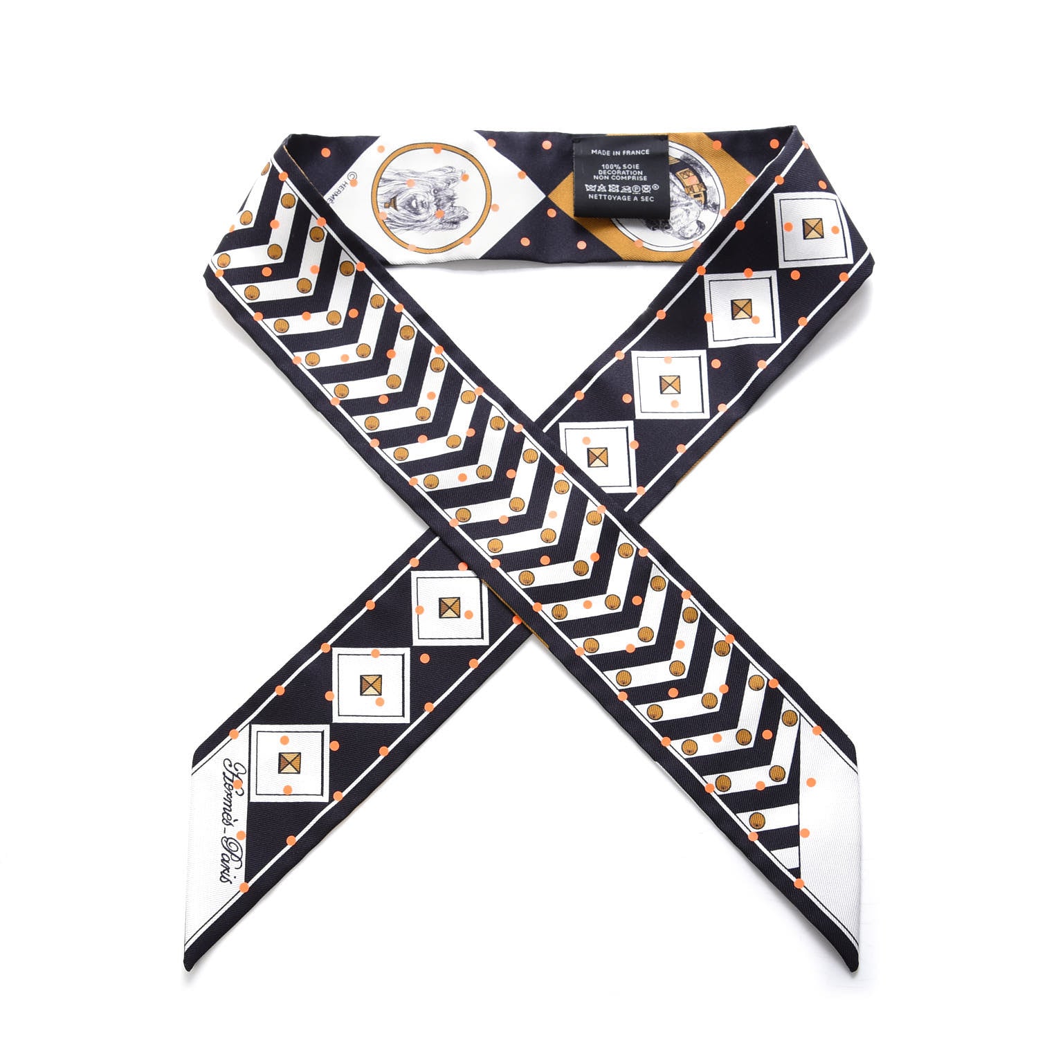 Hermes Silk Colliers Et Chiens Twilly Black Gold White 1 of 3