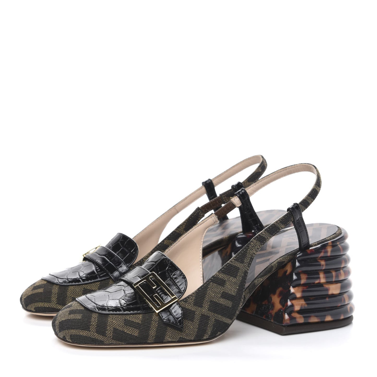 Jacquard Calfskin FF Tortoise Promenade Slingback Loafer Pumps 35.5 Tobacco