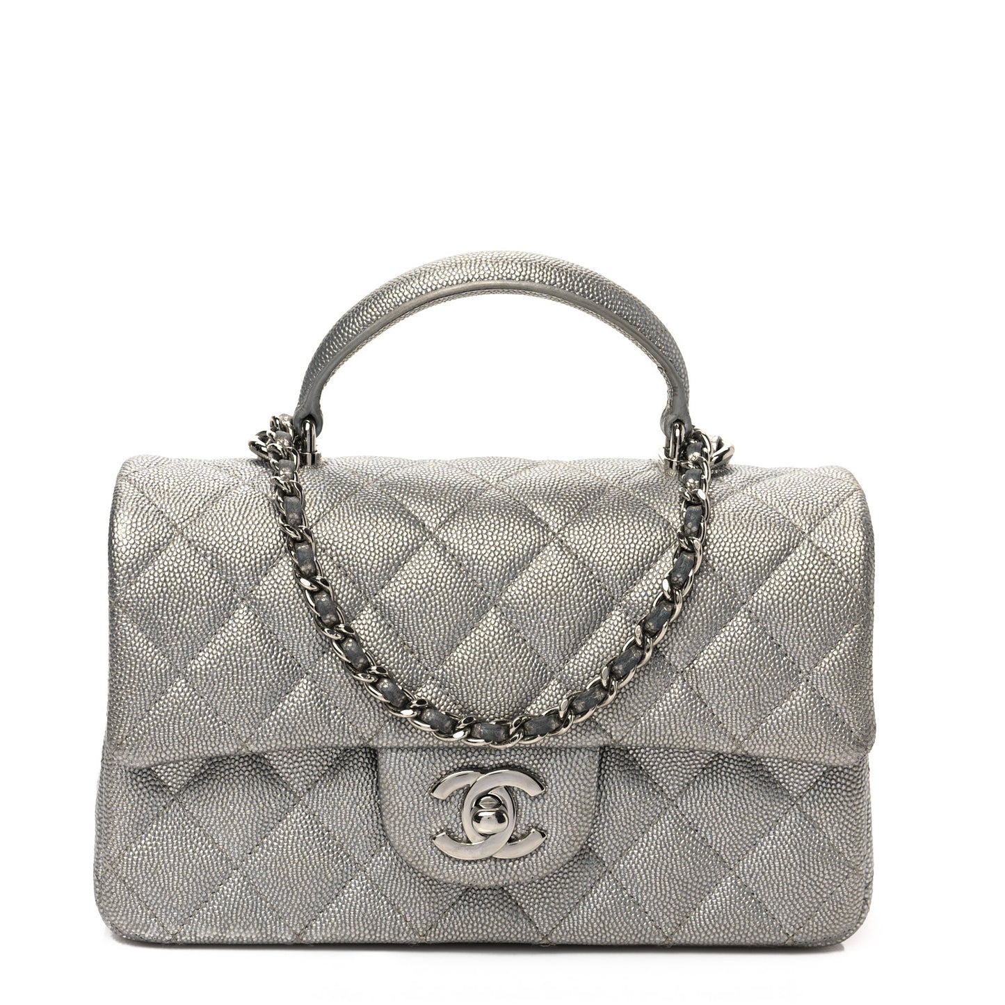Metallic Caviar Quilted Mini Top Handle Rectangular Flap Silver