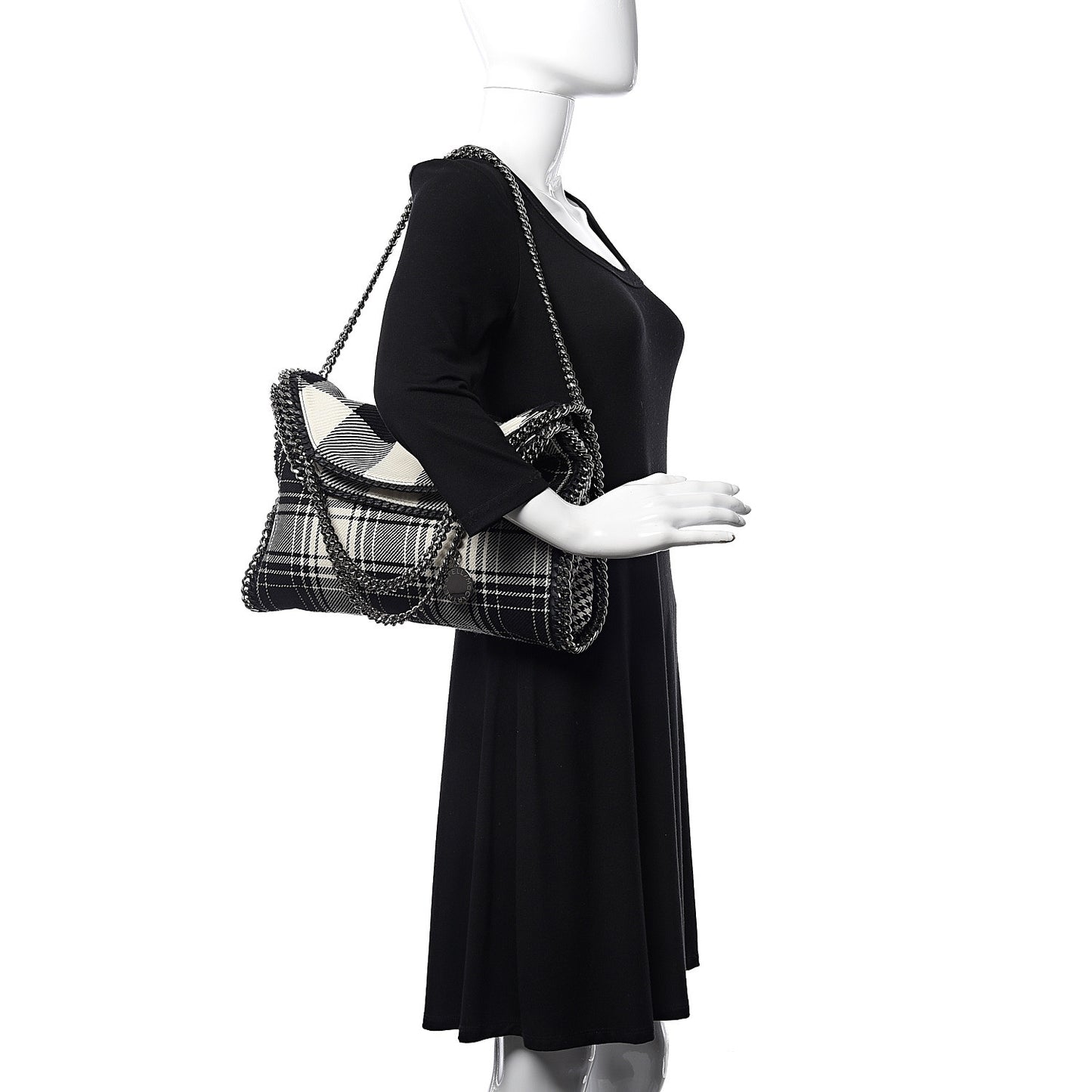 Wool Plaid Falabella Fold Over Tote Black