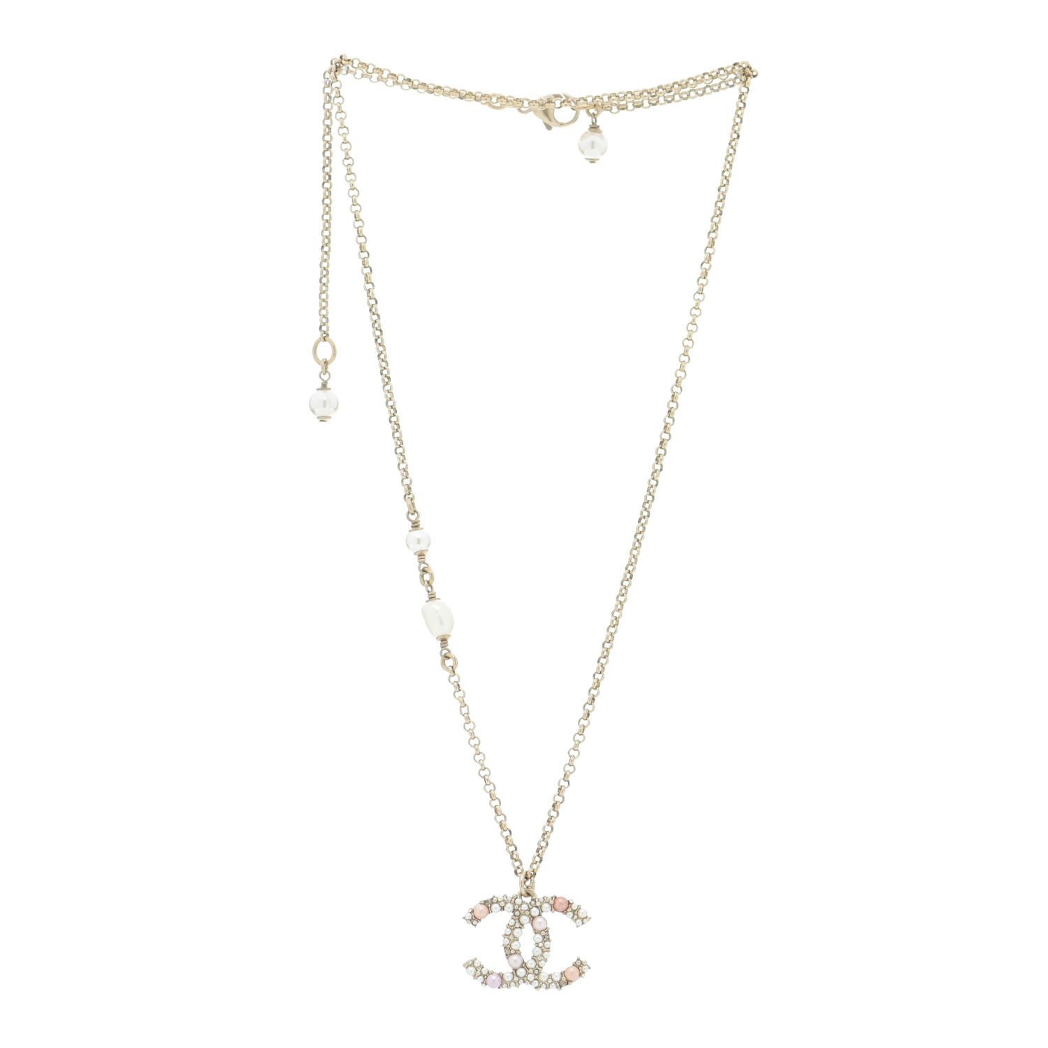 Chanel Crystal Pearl CC Pendant Necklace Gold Pink 3 of 6