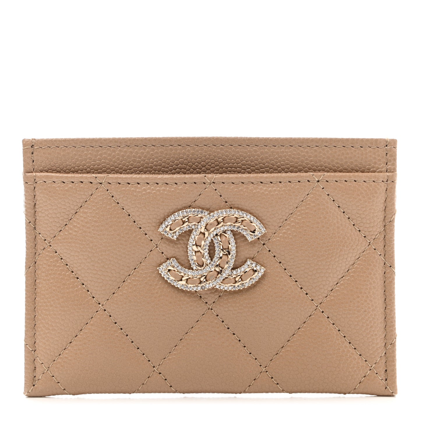 Caviar Quilted Crystal Card Holder Beige