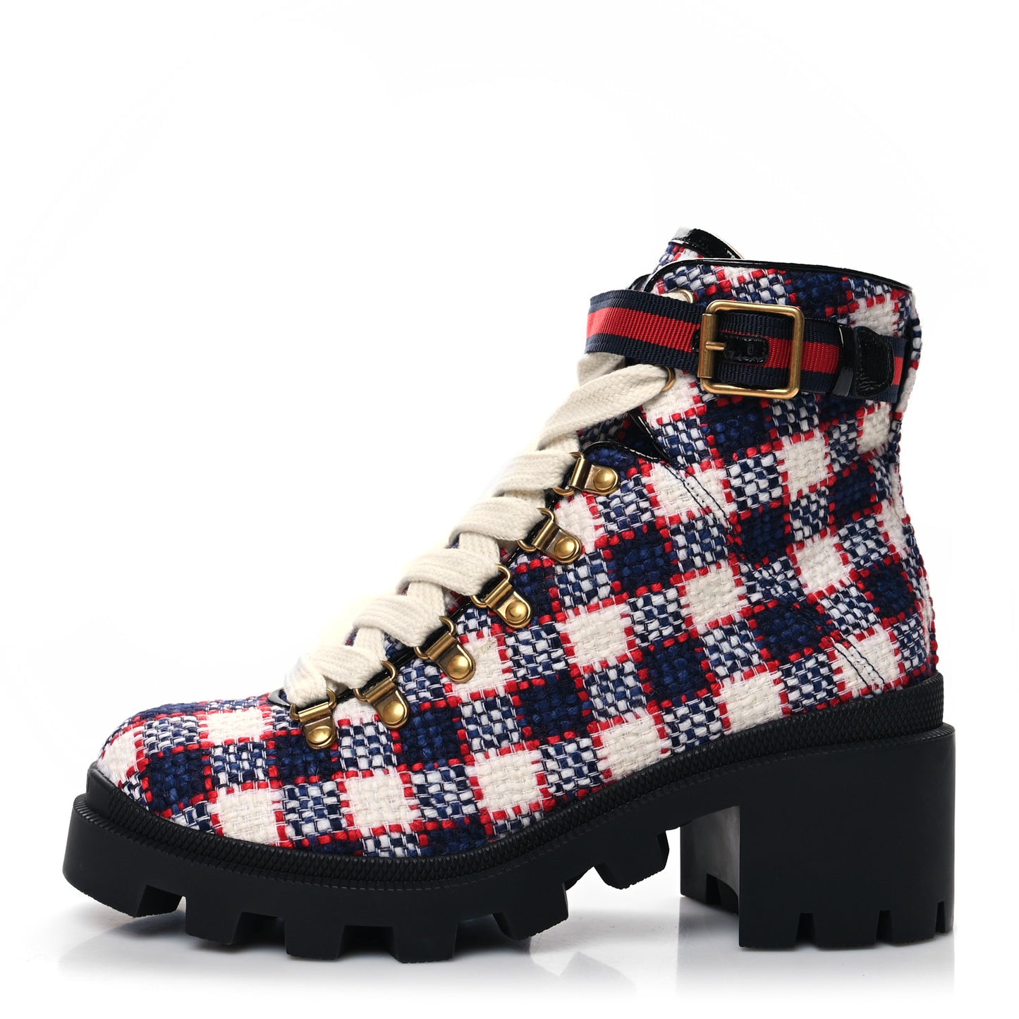 Vintage Tweed Check Lace Up Combat Ankle Boots 38.5 White Hibiscus Red Marine