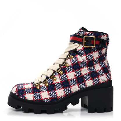 Gucci Vintage Tweed Check Lace Up Combat Ankle Boots 38.5 White Hibiscus Red Marine 1 of 7