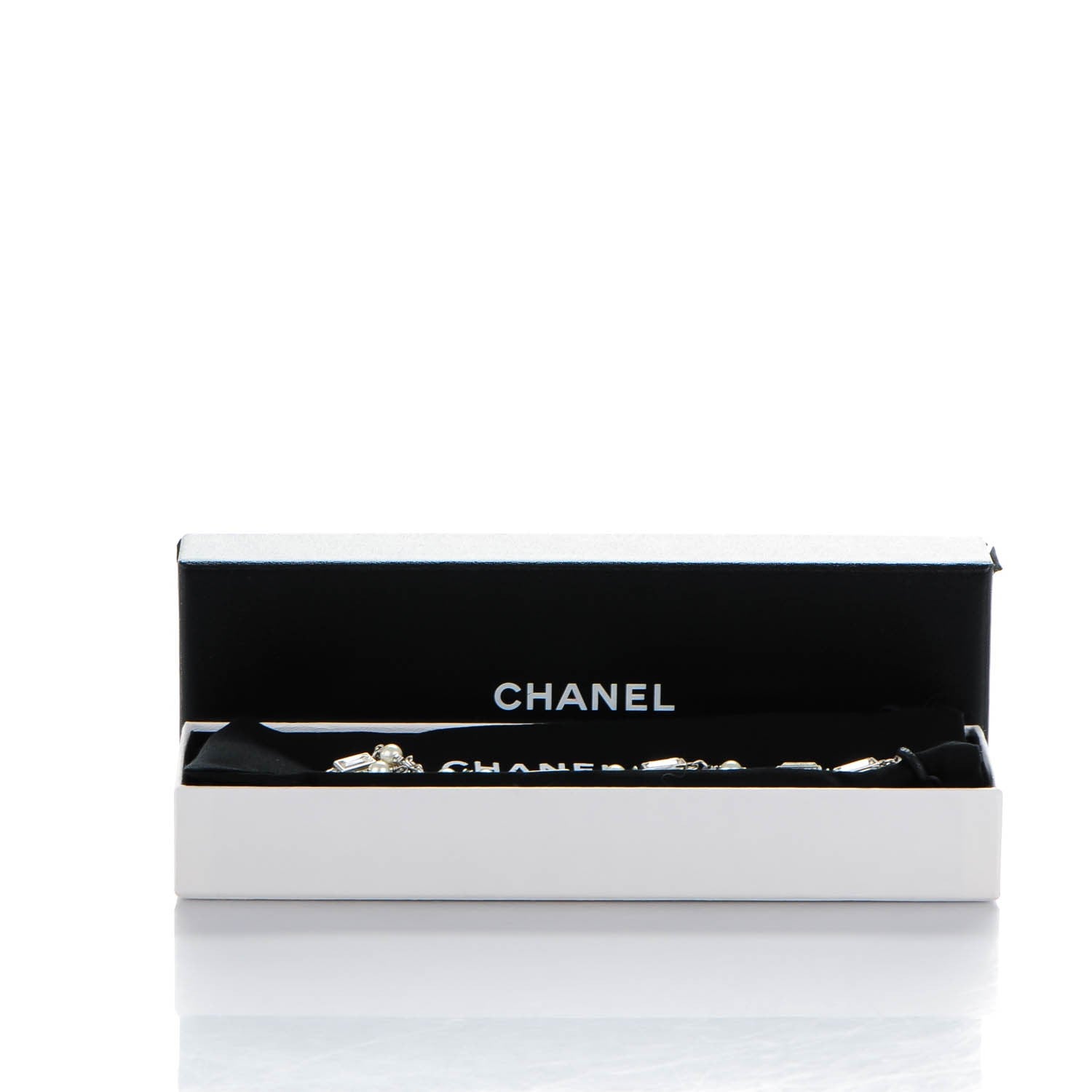 Chanel Crystal Baguette Pearl Bow Necklace Silver 5 of 6