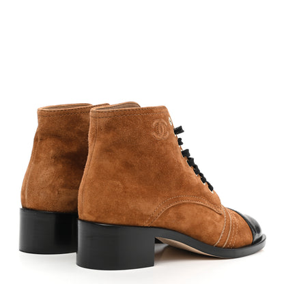 Chanel Suede Patent Cap Toe CC Boots 35.5 Beige Black 4 of 13