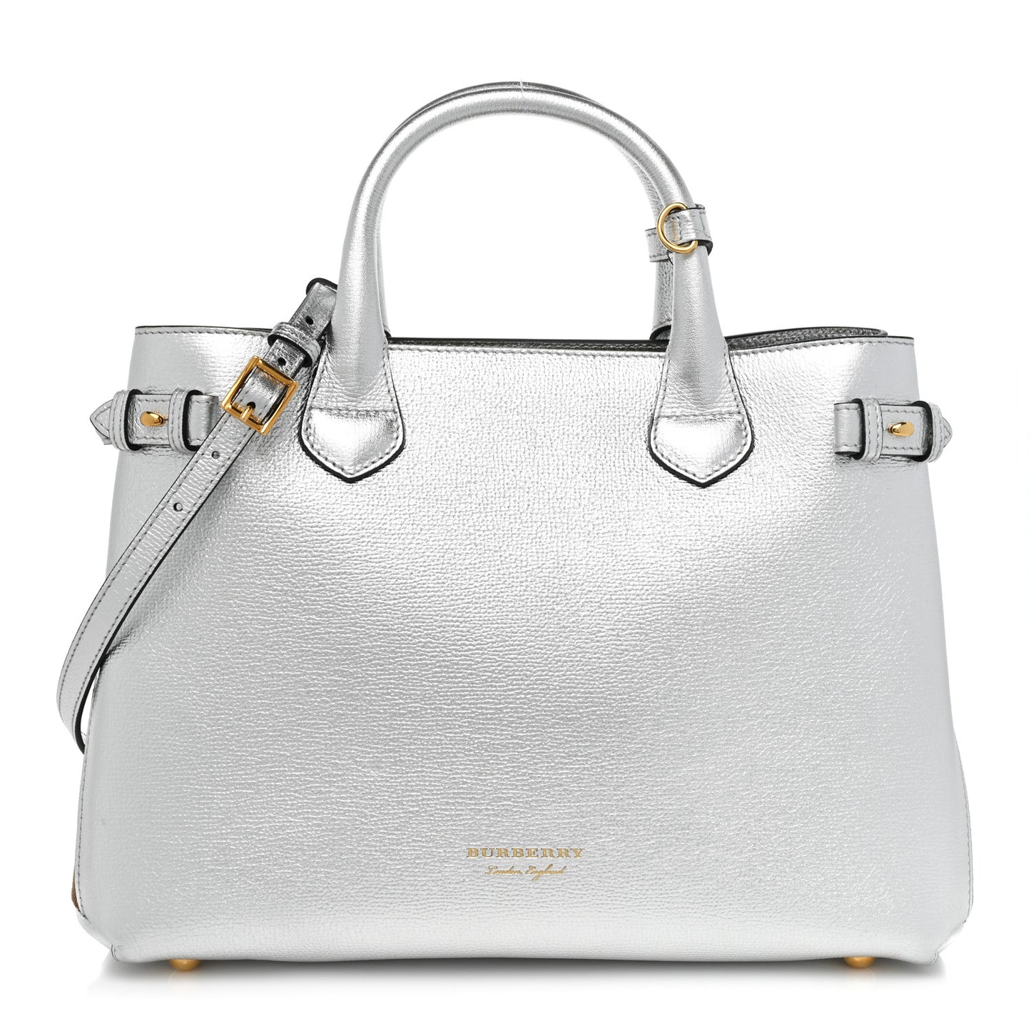 Metallic Grainy Calfskin House Check Medium Banner Tote Silver
