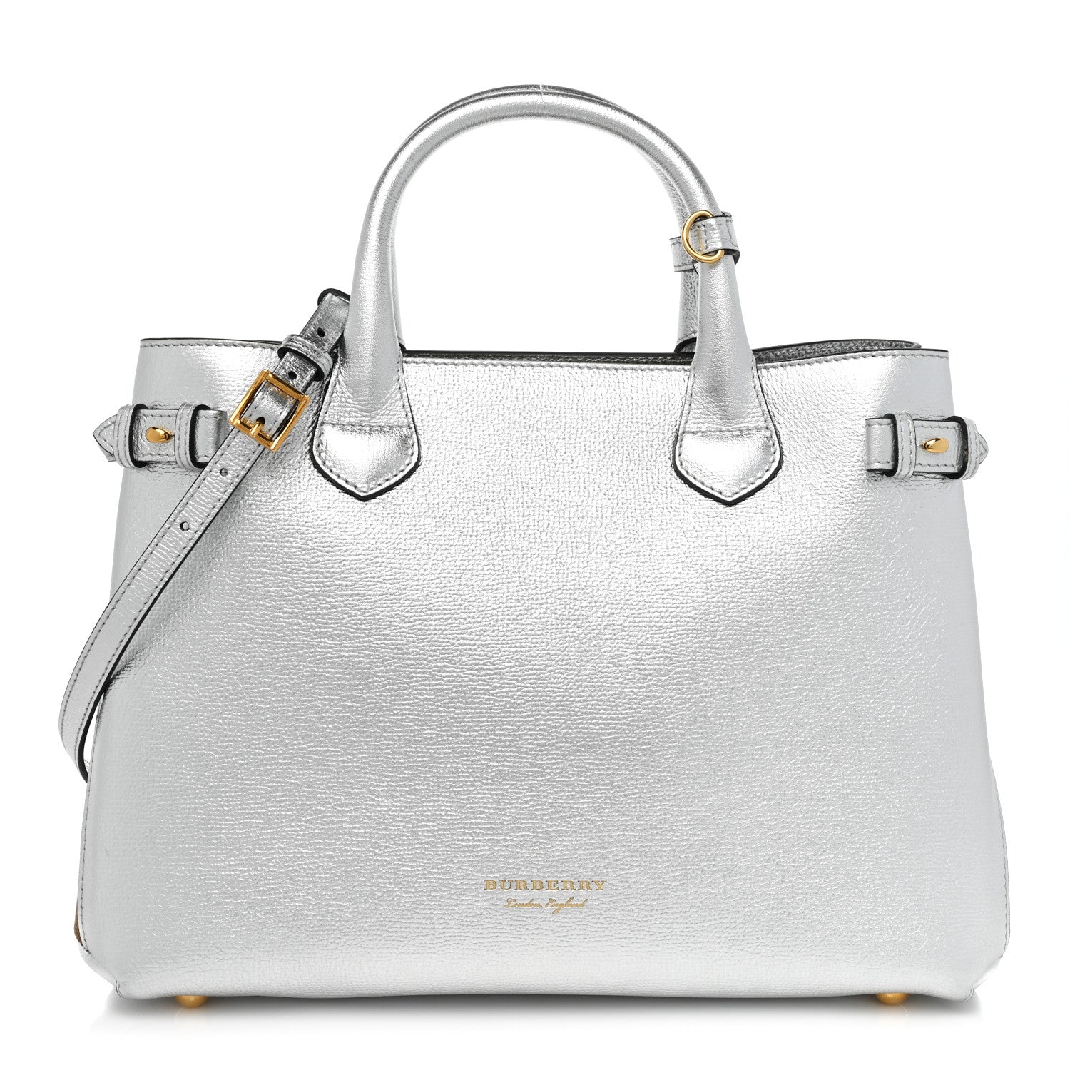 Burberry Metallic Grainy Calfskin House Check Medium Banner Tote Silver 1 of 11