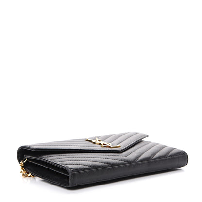 Saint Laurent Grain De Poudre Matelasse Chevron Monogram Chain Wallet Black 3 of 19