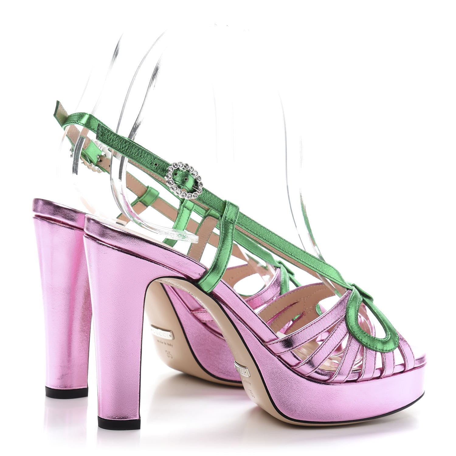 Gucci Metallic Nappa Crystal Zephyra Slingback Platform High Heel Sandals 35 Rosa Jasmine Green 4 of 8