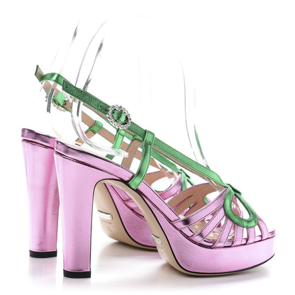 Gucci Metallic Nappa Crystal Zephyra Slingback Platform High Heel Sandals 35 Rosa Jasmine Green 4 of 8