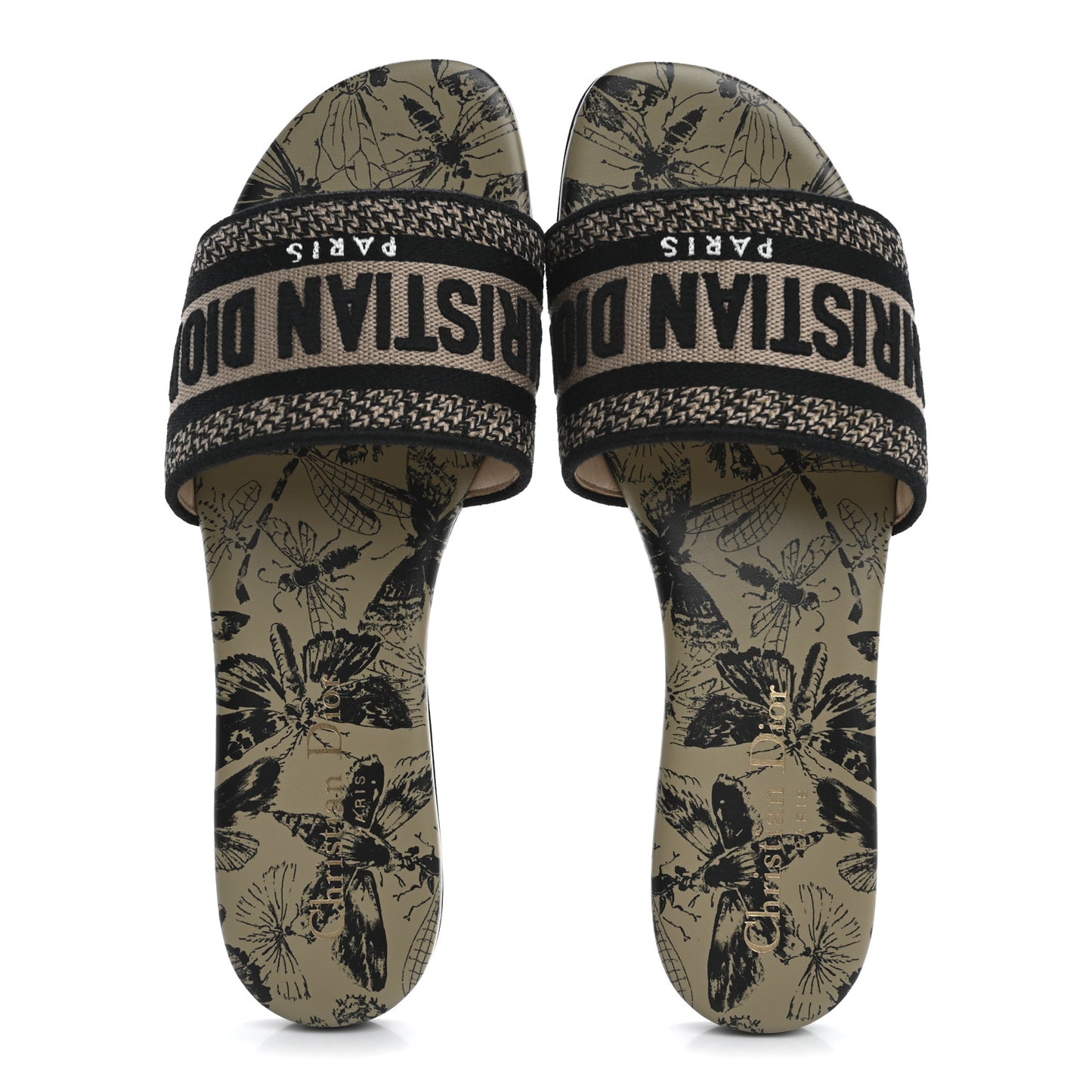 Canvas Embroidered Libellule Camouflage Dway Flat Slide Sandals 36 Natural Black