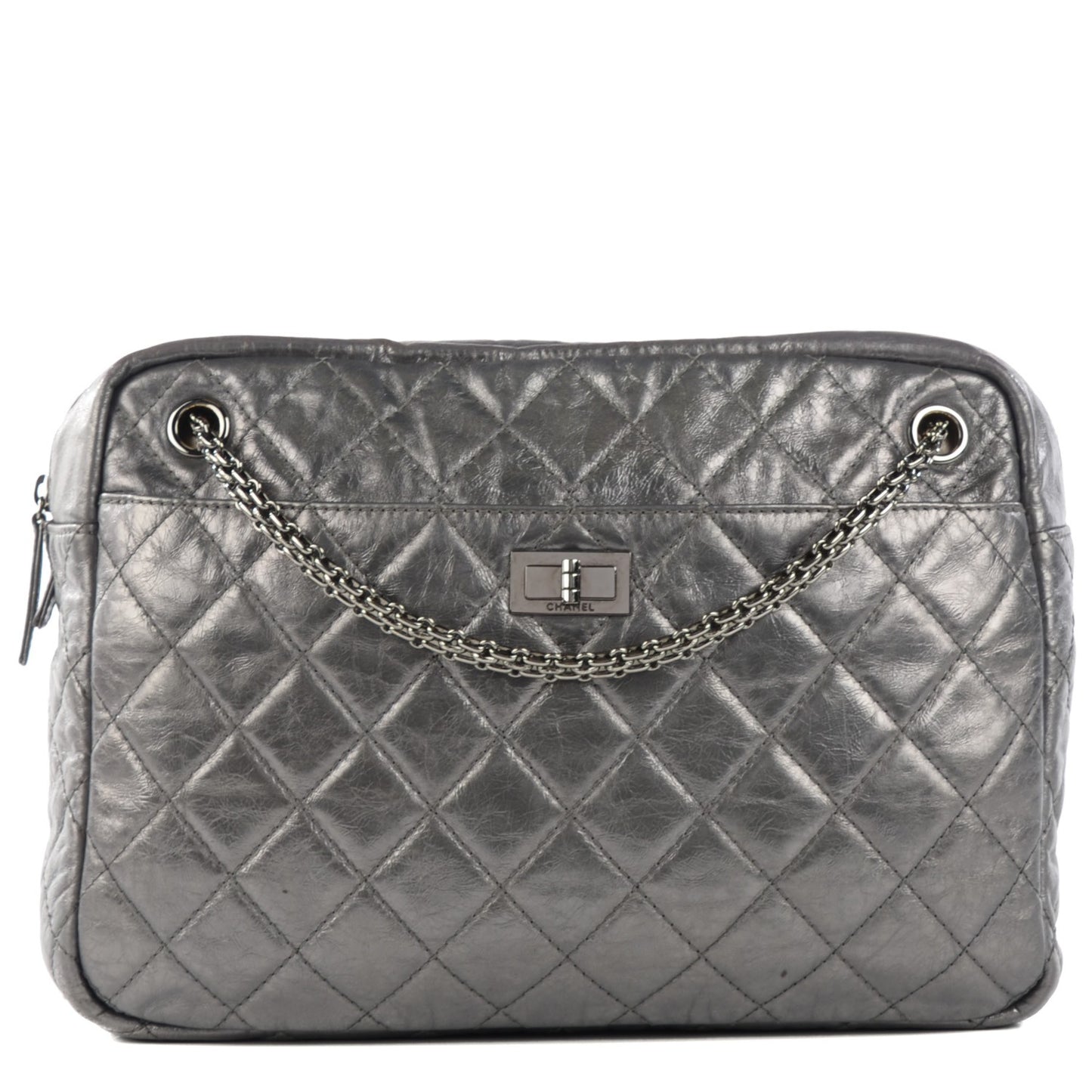 Metallic Aged Calfskin Quilted Large Reissue Camera Case Silver