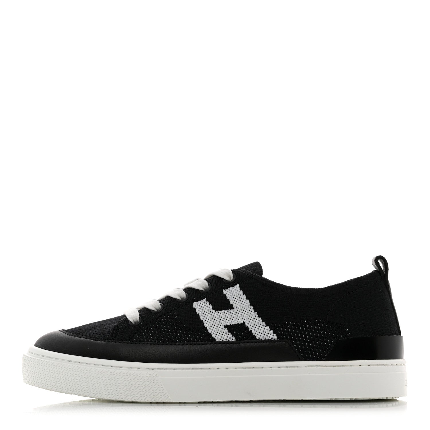 Hermes Knit Fabric Calfskin Deep Sneakers 38.5 Black White 1 of 9