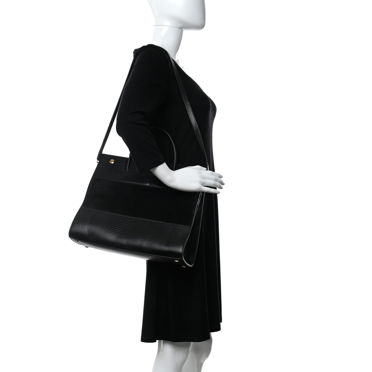 Deerskin Suede Lizard Embossed Calfskin Medium Title Bag Black