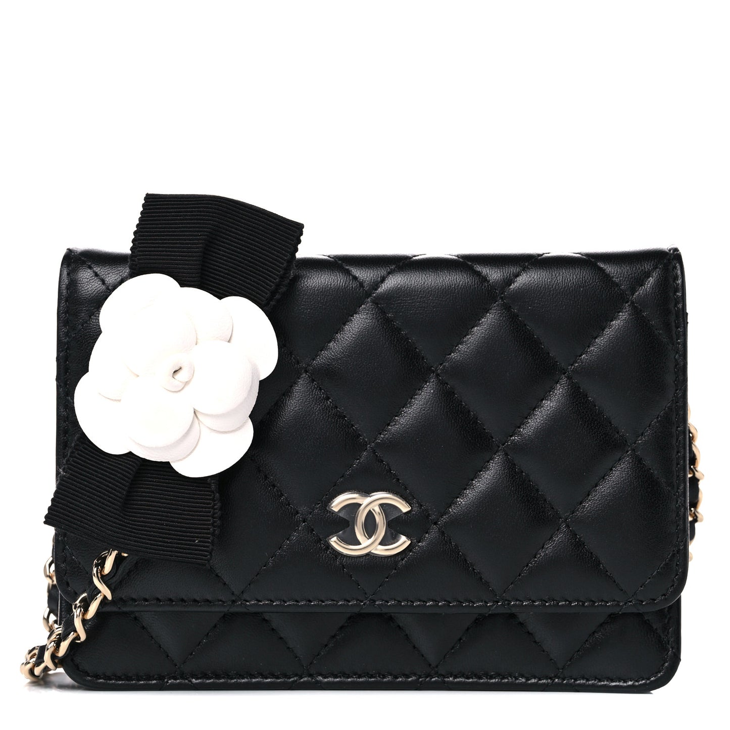 Lambskin Quilted Mini Camellia Bow Wallet On Chain WOC Black