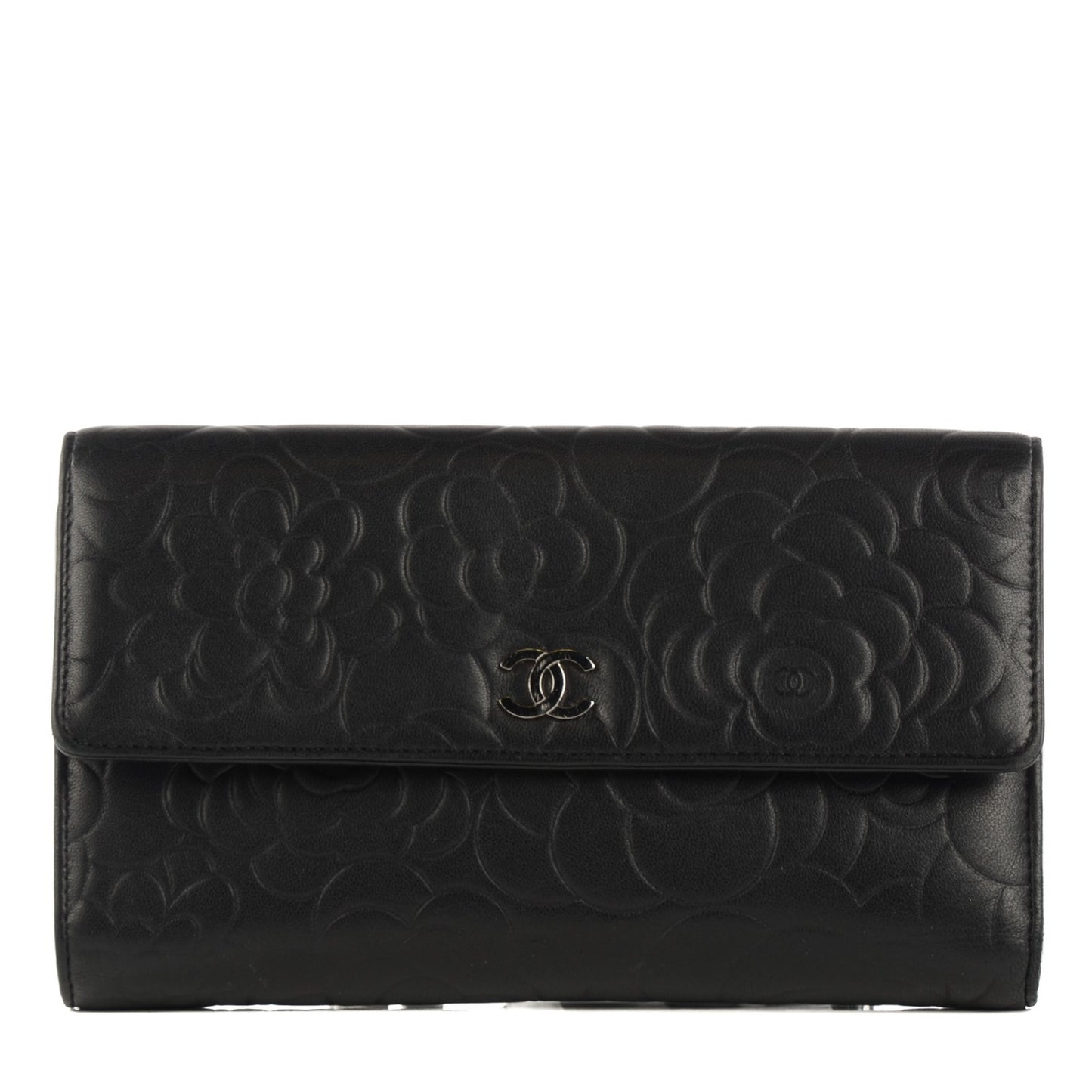 Lambskin Embossed Camellia Large Gusset Flap Wallet Black