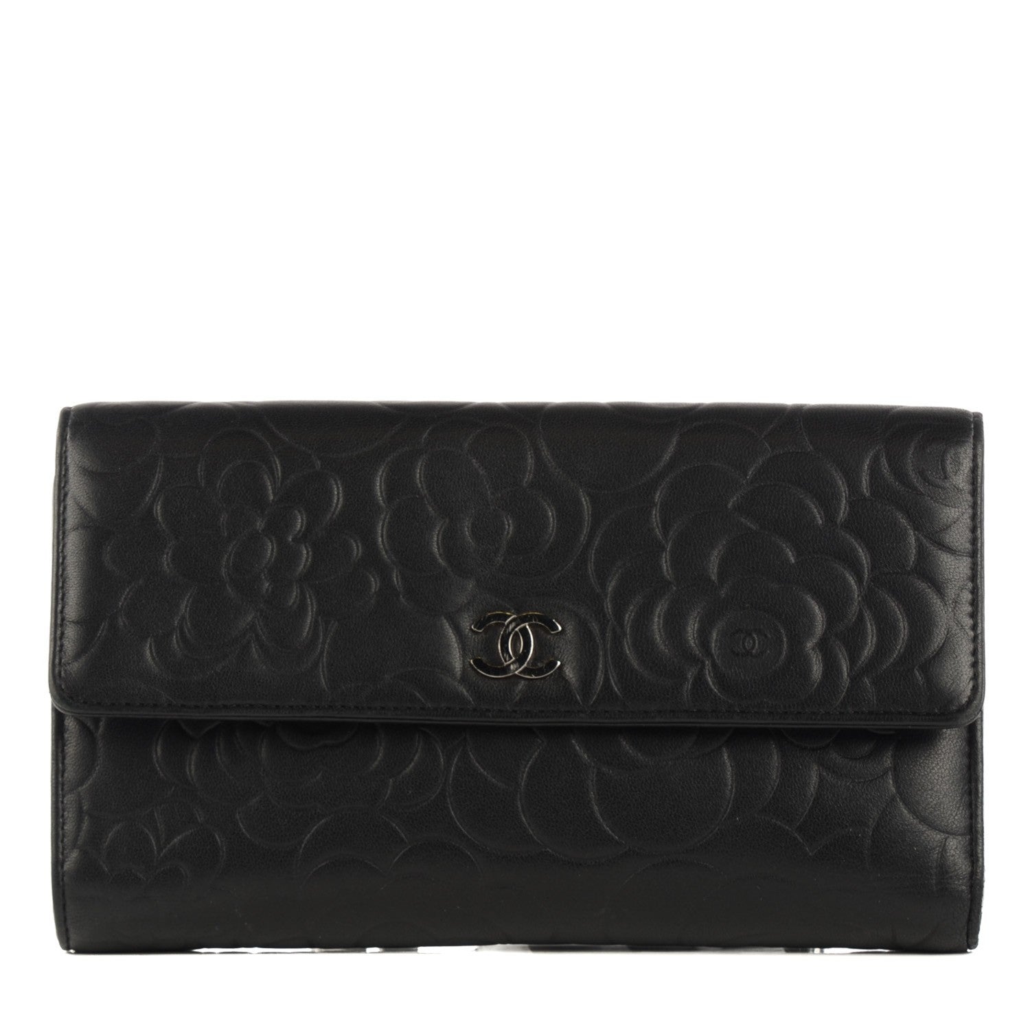 Chanel Lambskin Embossed Camellia Large Gusset Flap Wallet Black 1 of 9