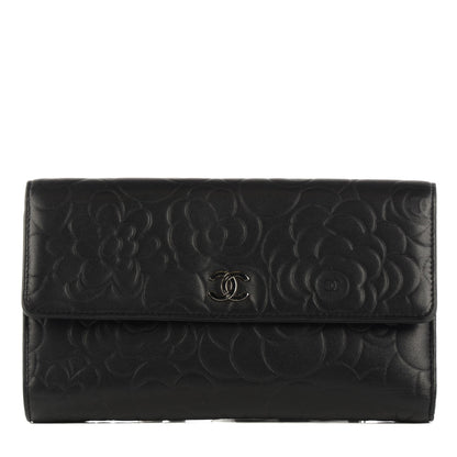 Chanel Lambskin Embossed Camellia Large Gusset Flap Wallet Black 1 of 9