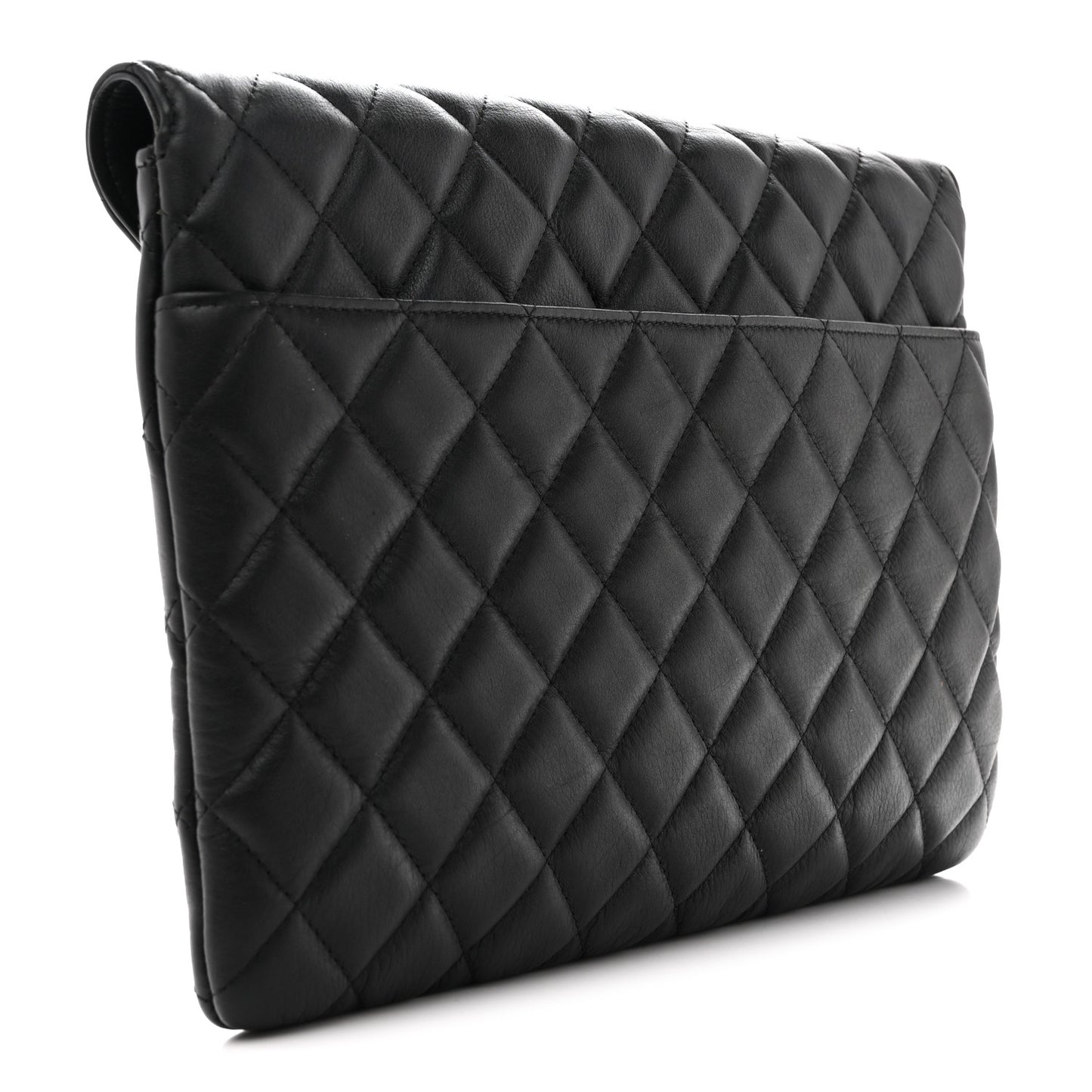 Calfskin Quilted Front Logo Enchained Clutch Black
