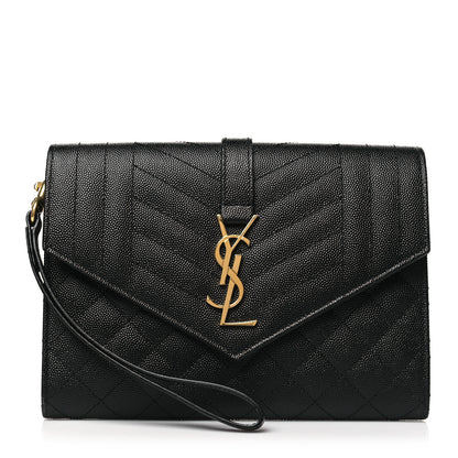 Saint Laurent Grain De Poudre Textured Mixed Matelasse Triquilt Monogram Clutch Black 1 of 9