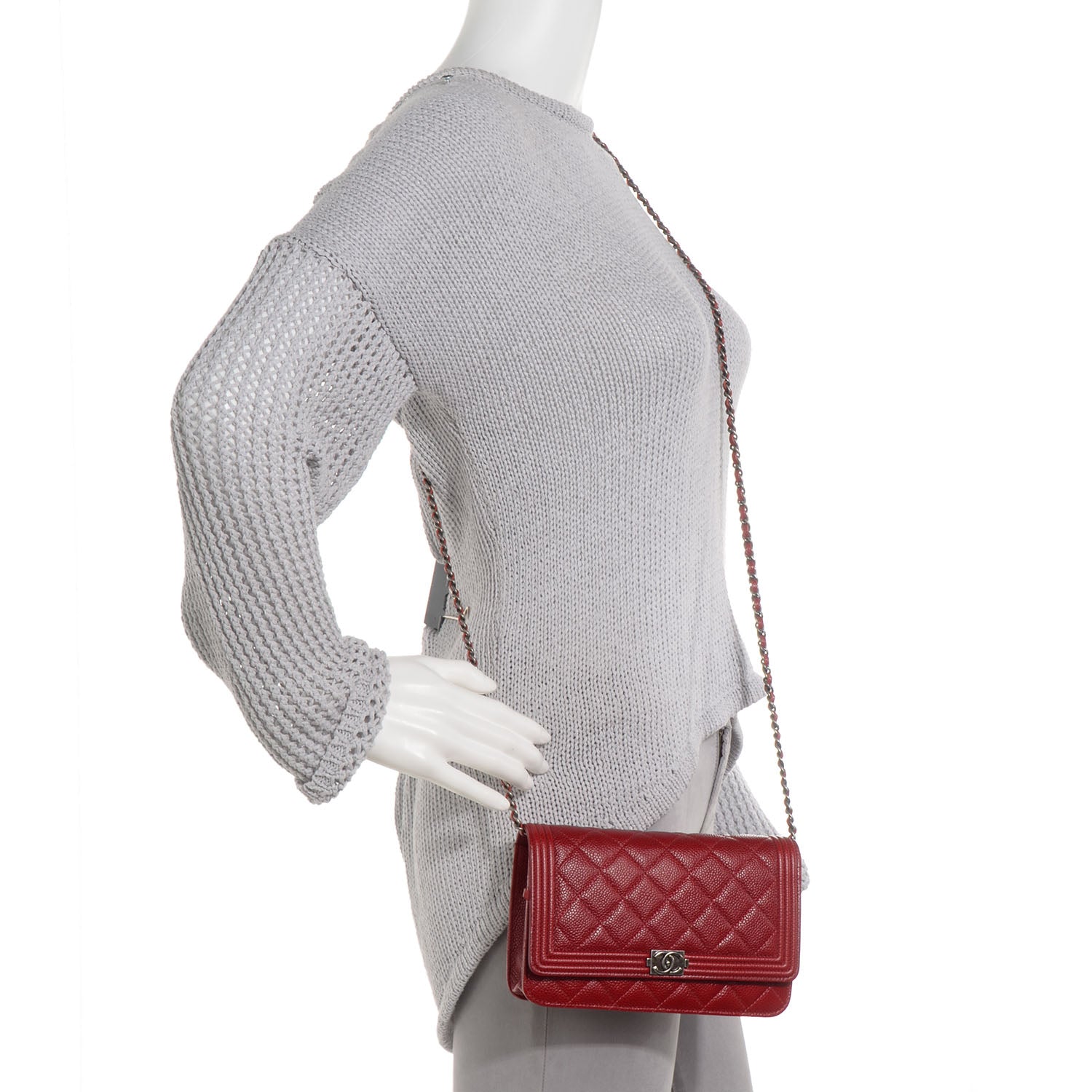 Chanel Caviar Quilted Boy Wallet On Chain WOC Red 2 of 8