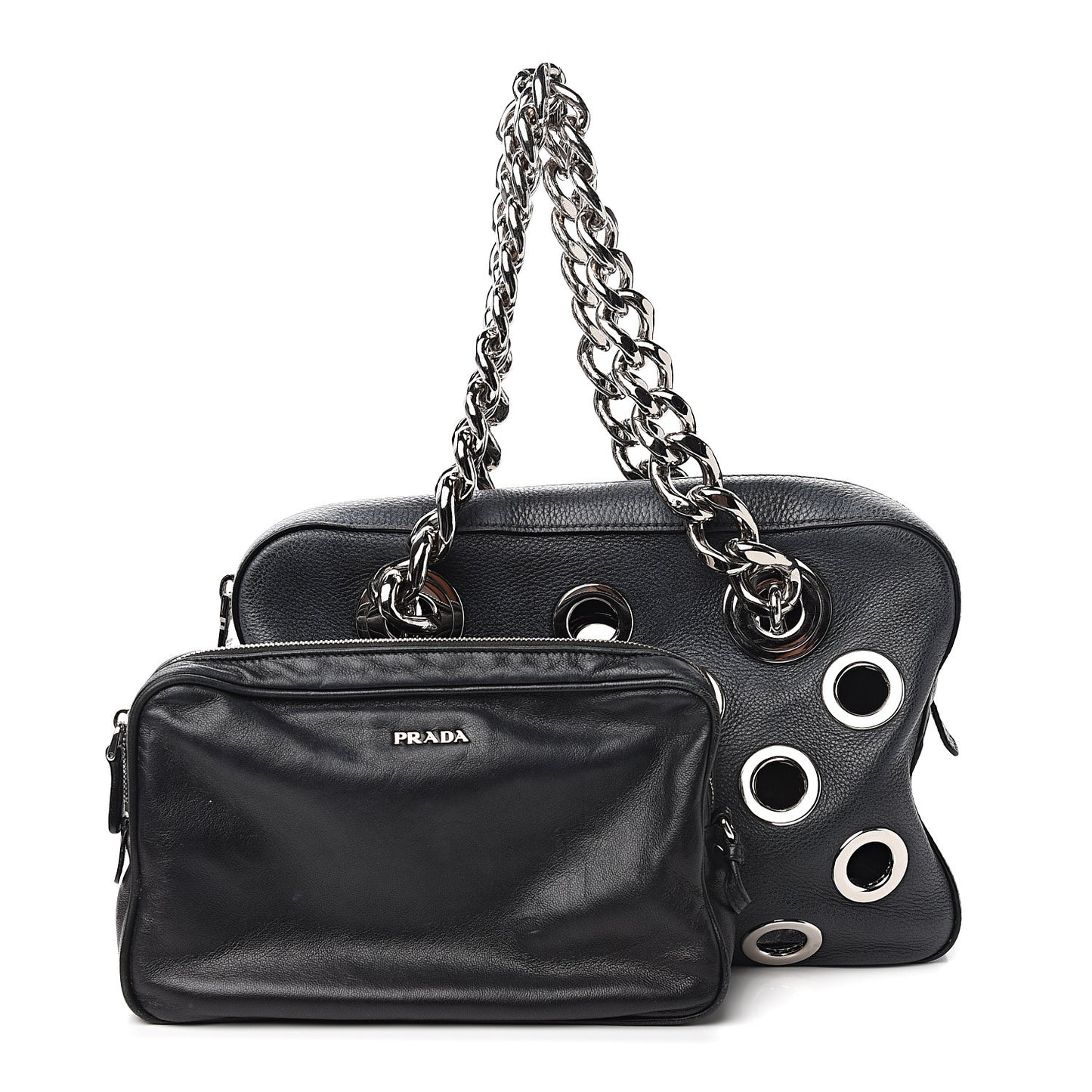 Vitello Daino Grommet Chain Satchel Bag Black