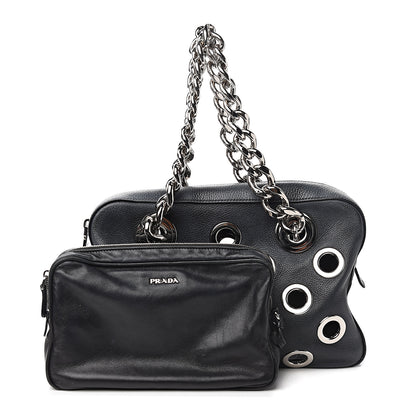 Prada Vitello Daino Grommet Chain Satchel Bag Black 1 of 9
