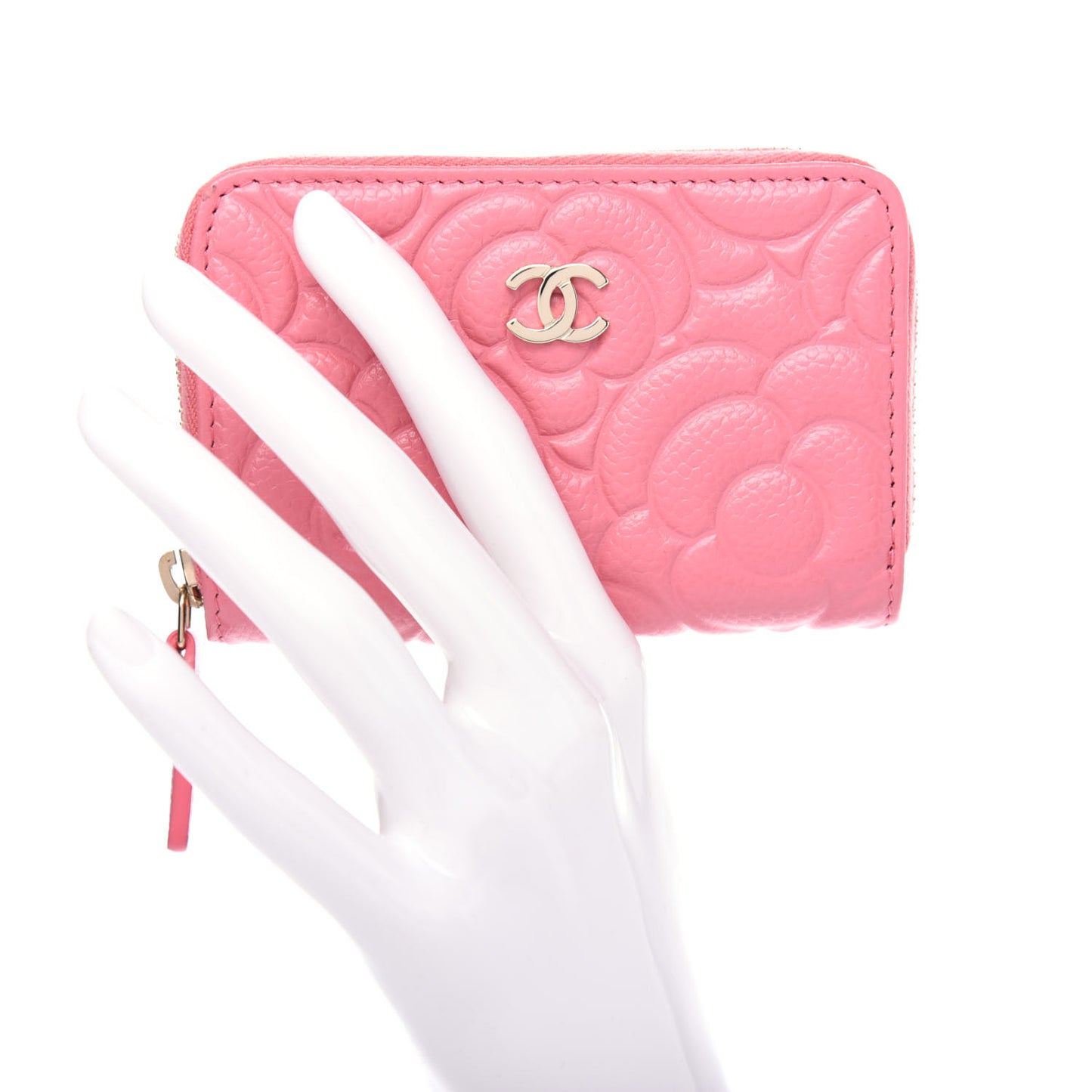 Caviar Camellia Embossed Zip Coin Purse Light Pink