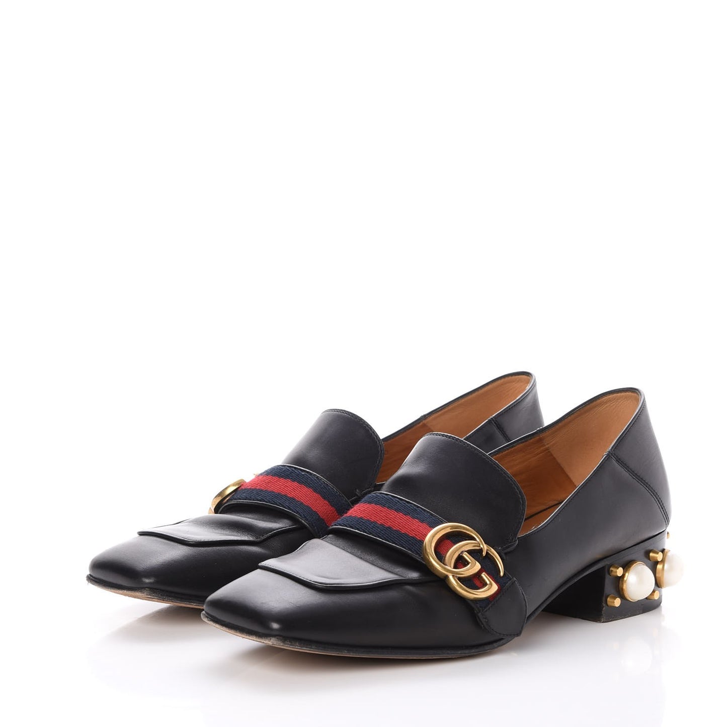 Calfskin Web Pearl Embellished Peyton Loafers 40 Black