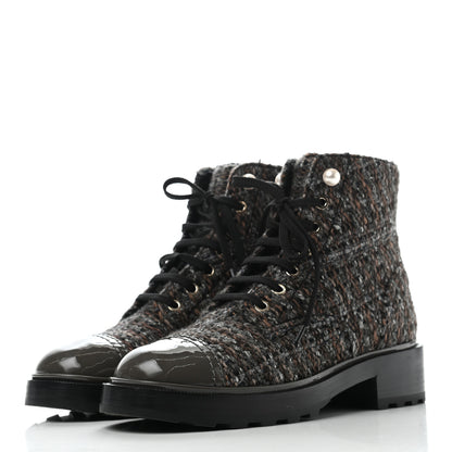 Chanel Tweed Patent Calfskin Pearl Combat Short Boots 37.5 Brown Black Grey 3 of 10