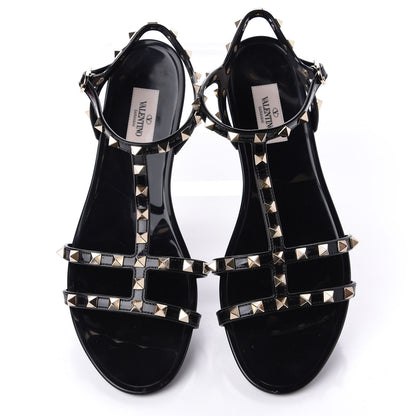 Valentino Garavani Patent Rockstud T-Strap Slingback Flat Sandals 41 Black 5 of 11