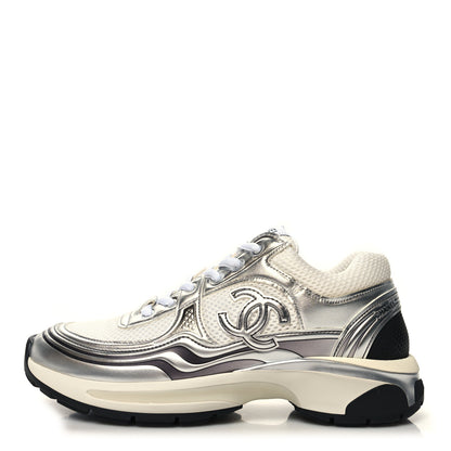 Chanel Fabric Laminated Calfskin Stretch CC Sneakers 38.5 White Silver 1 of 8