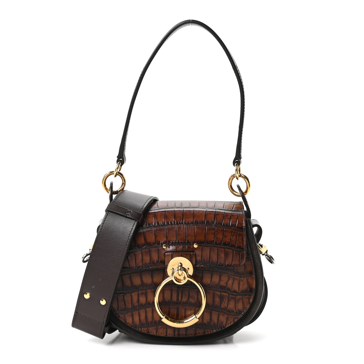 Calfskin Crocodile Embossed Small Tess Bag Dark Ebony
