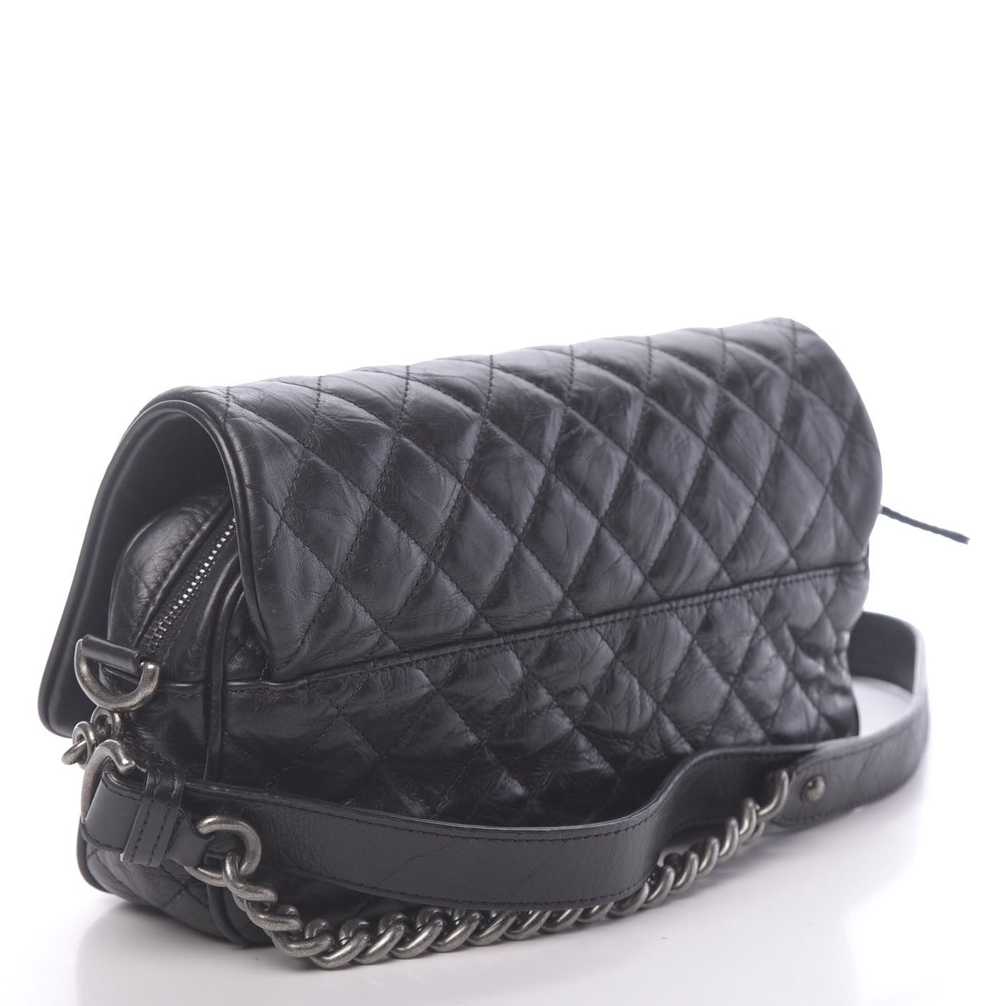 Crumpled Calfskin Quilted Small Casual Rock Flap Black
