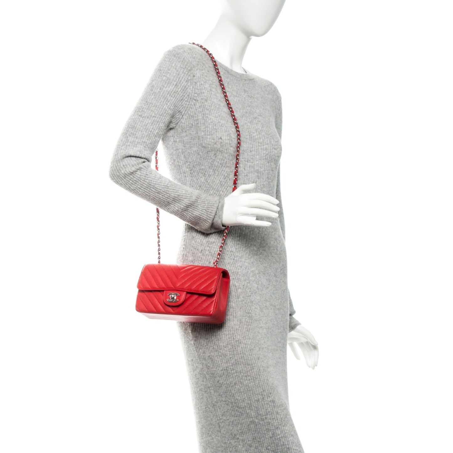 Caviar Chevron Quilted Mini Rectangular Flap Red