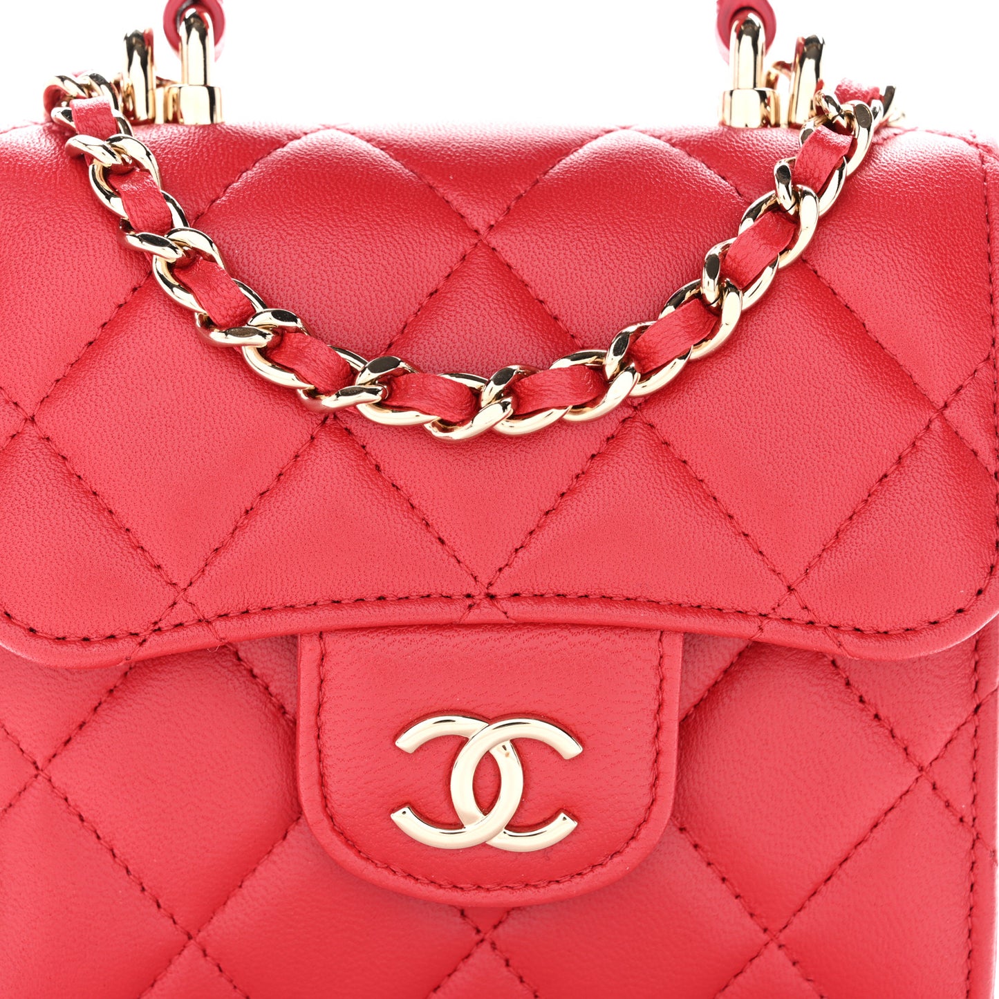 Lambskin Quilted Top Handle Flap Clutch With Chain Red